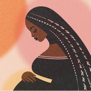 An illustration of a black woman with long beautiful braids holding her baby bump.